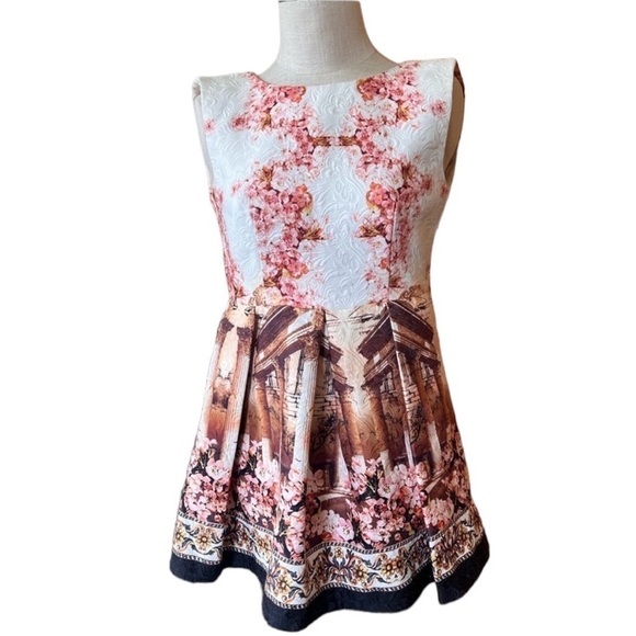 NWT Fit & Flare Greece Cherry Blossom Sleeveless Mini Dress Avant Garde - Picture 1 of 8